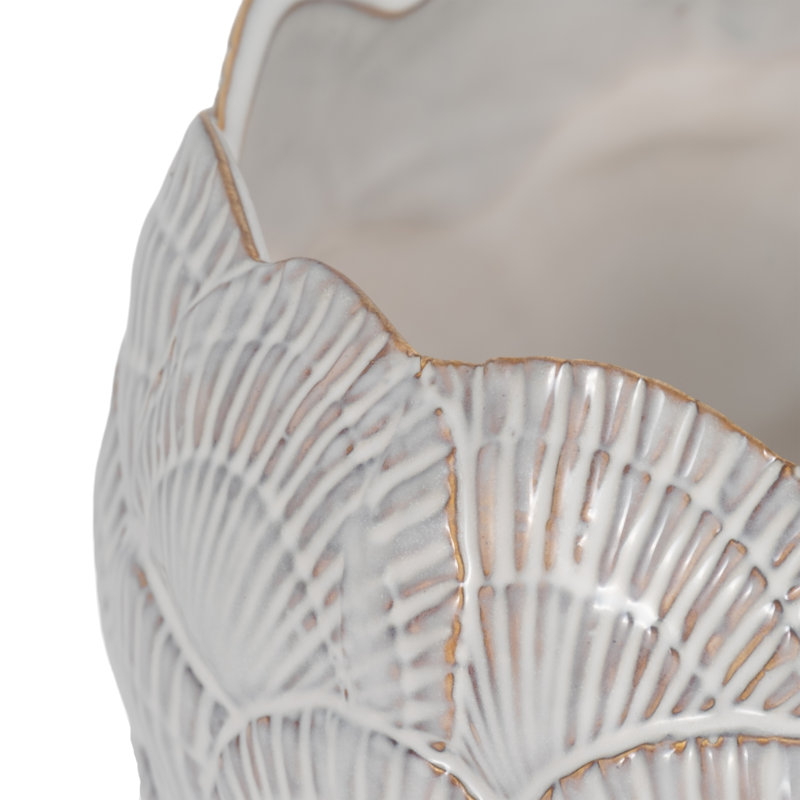 Stoneware Ceramic Planter with Embossed Scale Texture and Scalloped Rim Decorative Modern Pot, 8" H x 10" W x 10" D