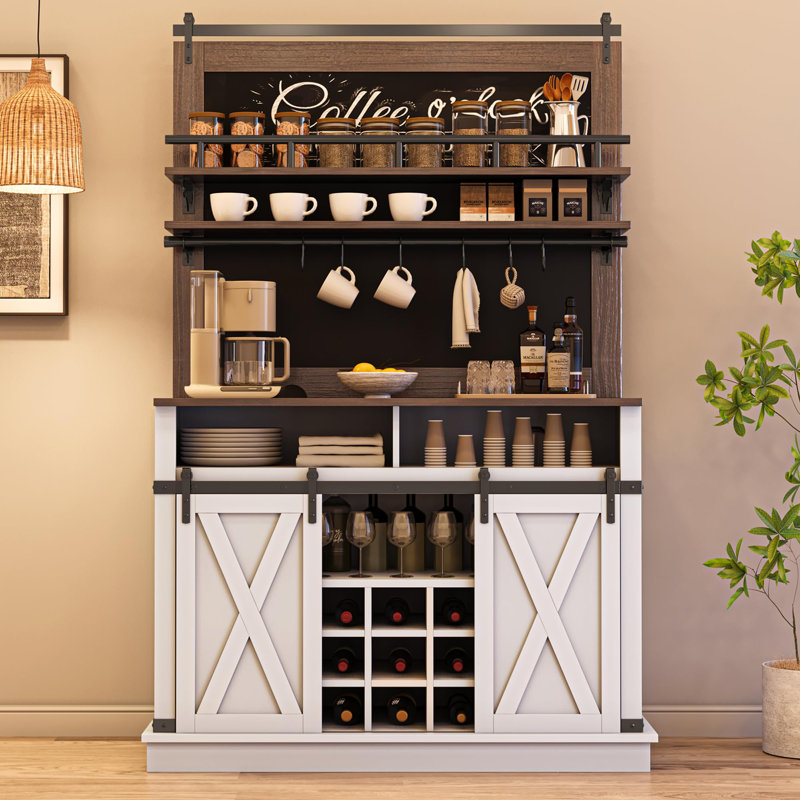 Buffet Farmhouse avec portes de grange coulissantes, buffet de rangement 72 "avec crochets, Blanc