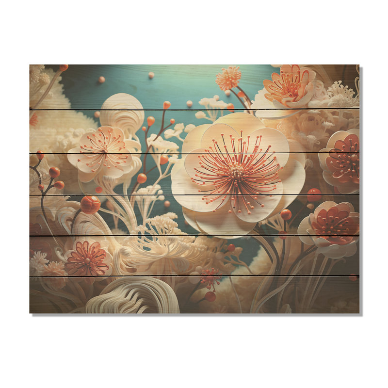 Floral Symphony - Coastal Coral Under Water Wood, art mural sur bois de pin naturel, H 30 po x l 40 po