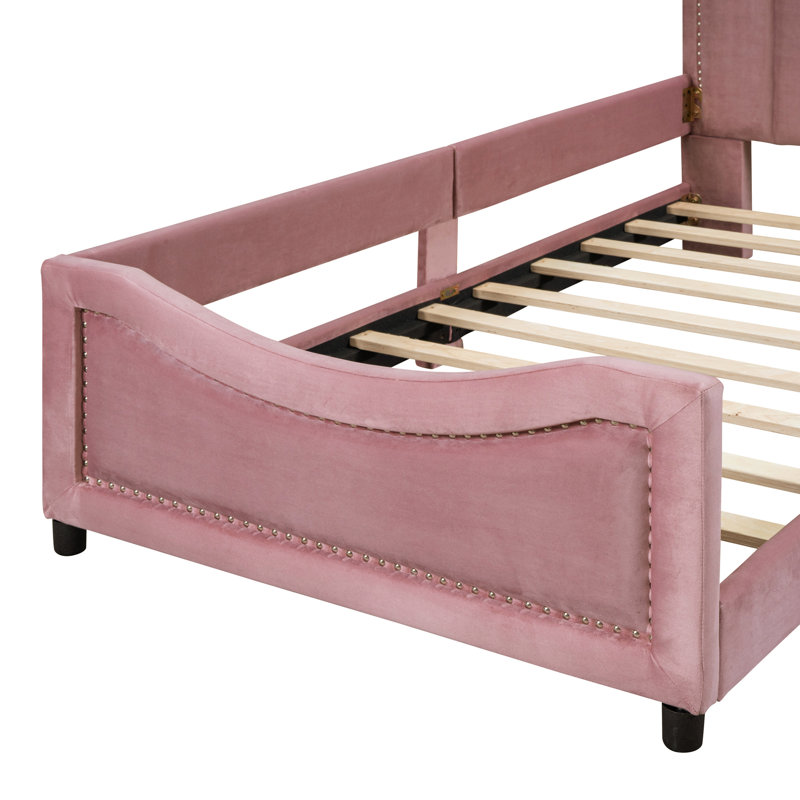 Twin Daybed In Charming Pink With Classic Stripe Headboard - Wood Structure Bewitching Materials, Bedroom Delight, Pink