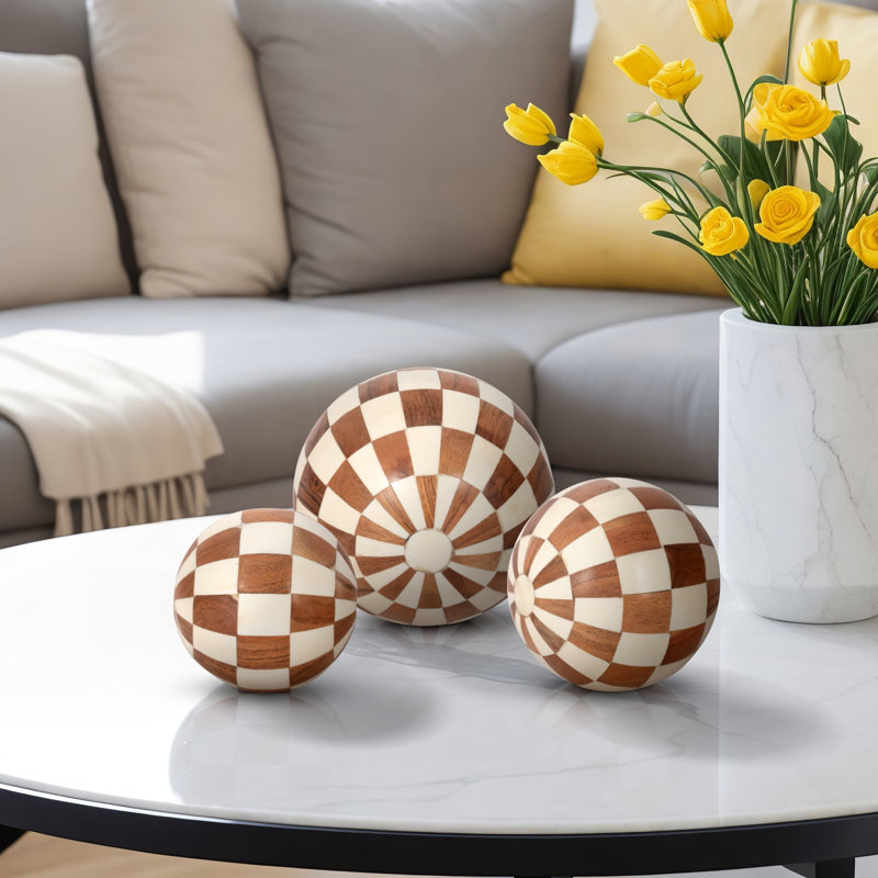 Jahlisa Modern Resin Orbs with Geometric Design, Decorative Polyresin Accent - Set of 3, Ivory/Natural