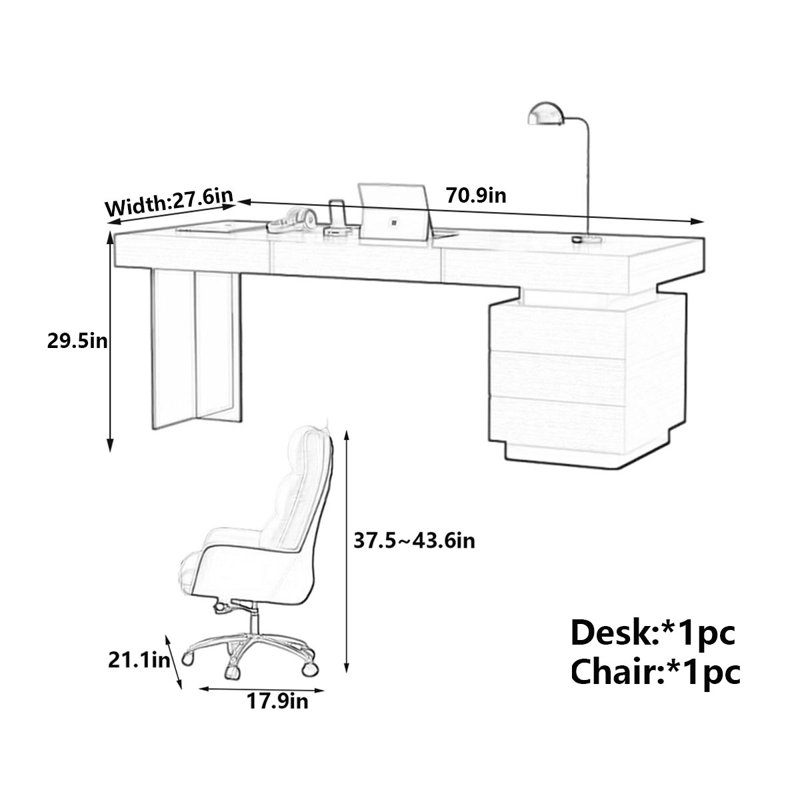 Bureau moderne moderne minimaliste fumé, H 29,5 po x l 70,9 po x P 27,6 po