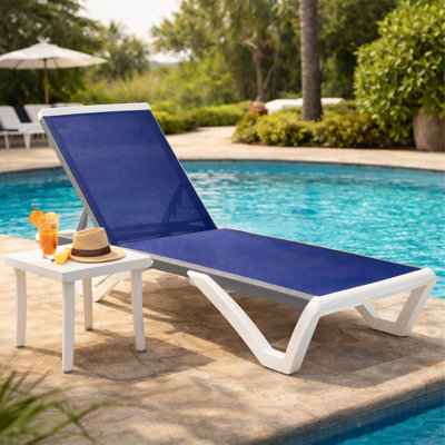Kozyard Outdoor Chaise Lounge Chair, Full Flat Adjustable Patio Lounger with Aluminum Frame & Resin Legs, Textilene Fabric for Poolside, Backyard & Beach (NavyBlue, W/ Table) 