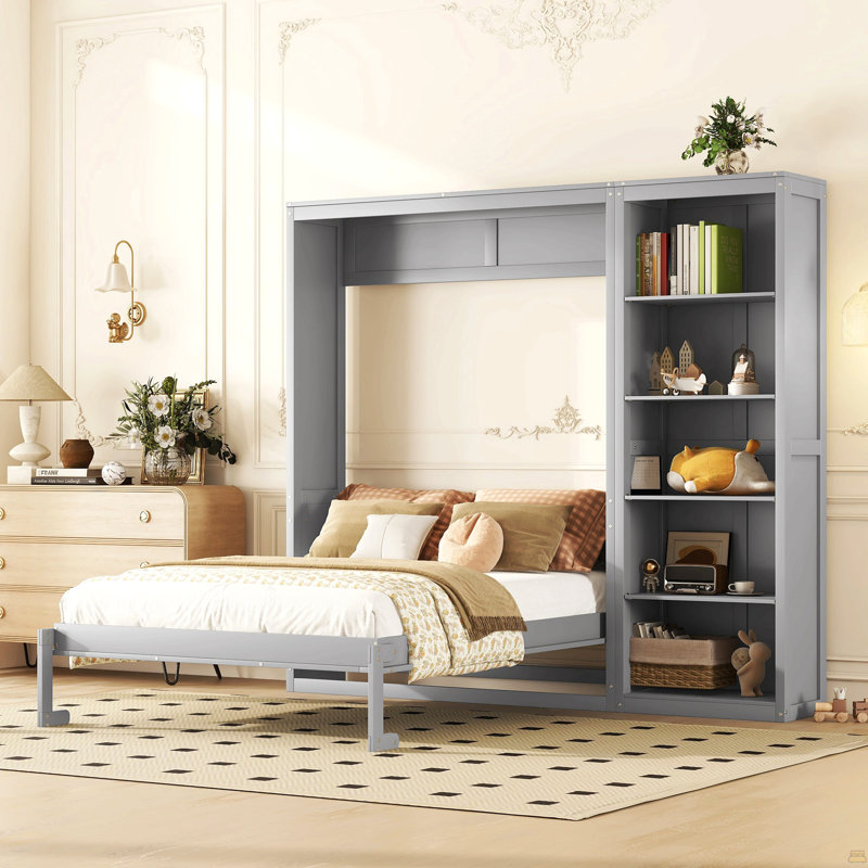 Grand lit escamotable mural avec tablettes, Gris