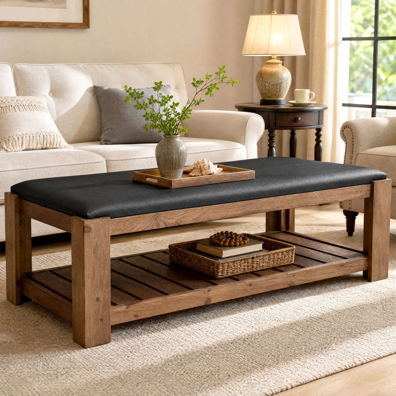55.12" Upholstered Solid Wood Coffee Table with Open Storage