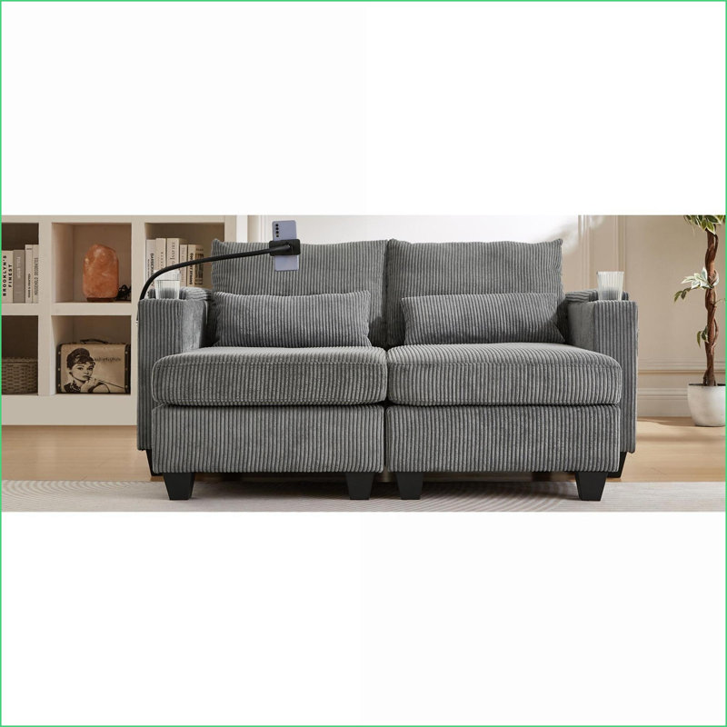 Canapé-lit convertible avec causeuse 63 po avec ports USB, porte-gobelets, rangement | Gris ardoise | Velours côtelé Sofas