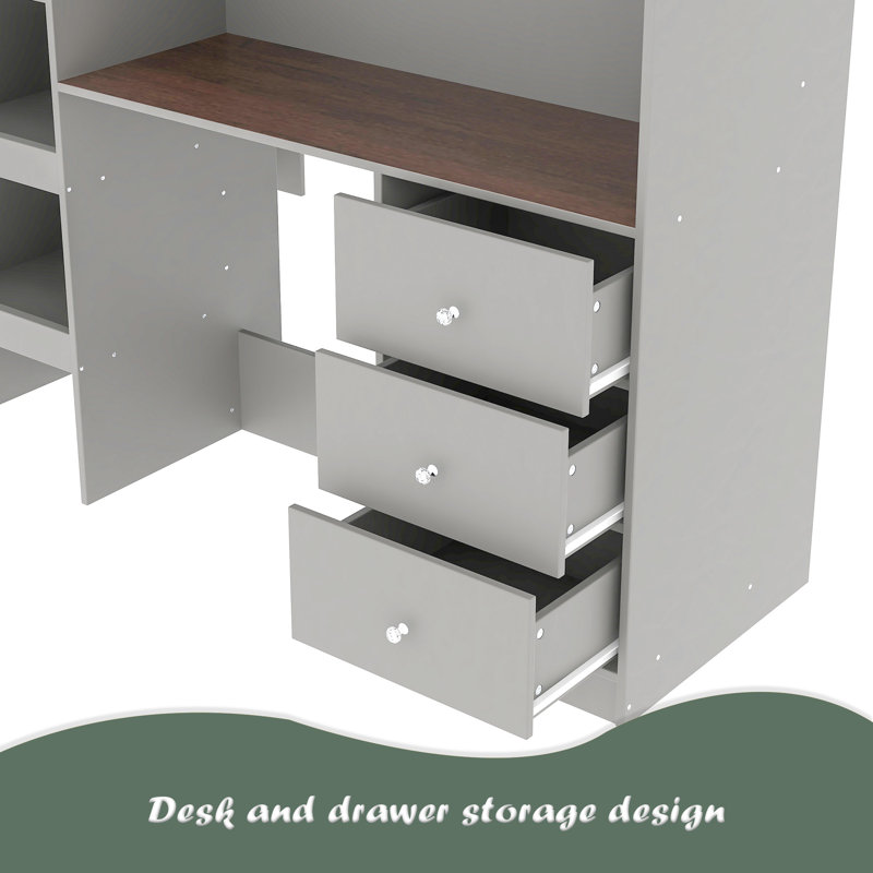 Lit mezzanine double en bois avec garde-robe intégrée, bureau, tablettes de rangement et tiroirs