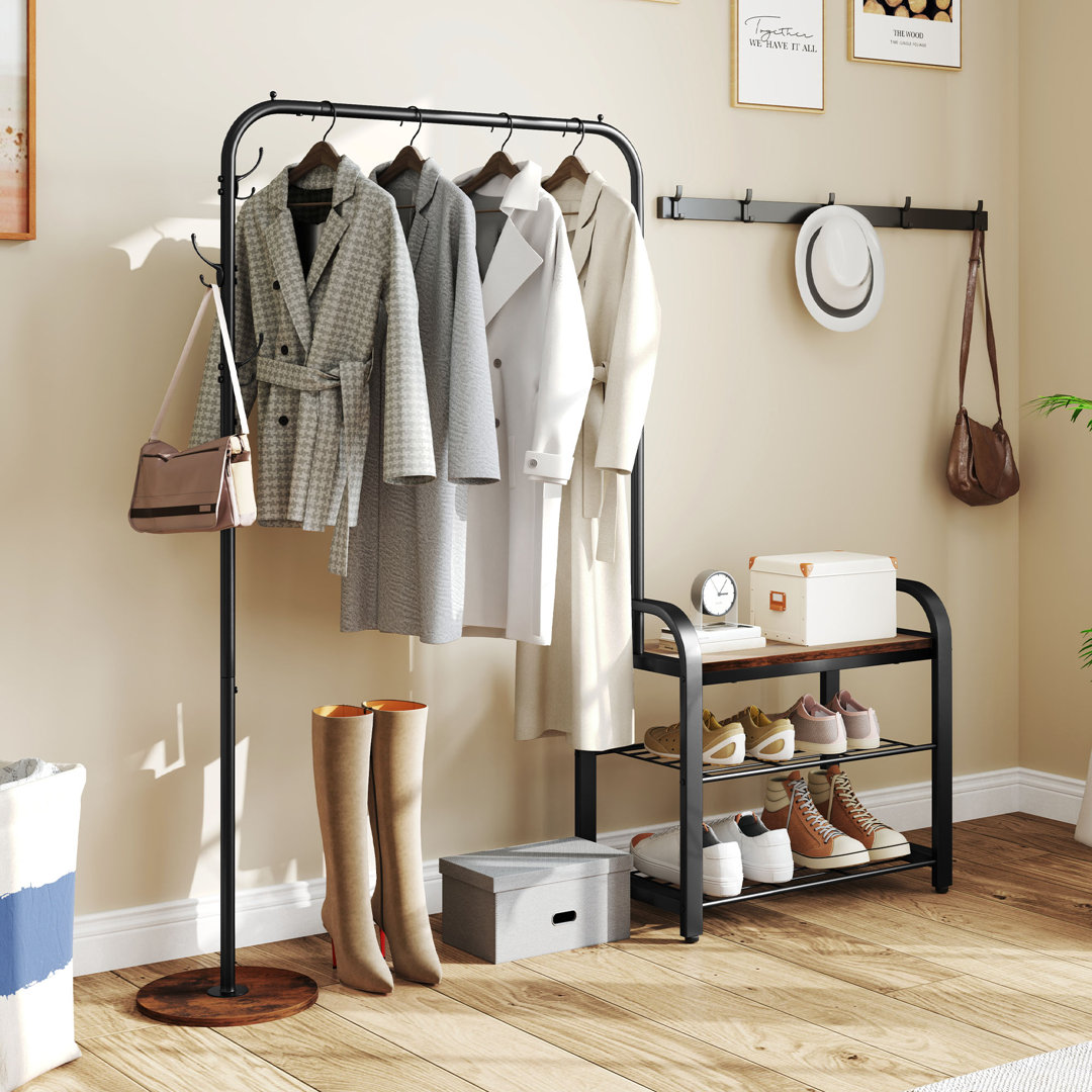 Coat Rack Stand With Shoe Storage, Industrial Hall Tree With Shoe Bench & 3 Hooks,Brown