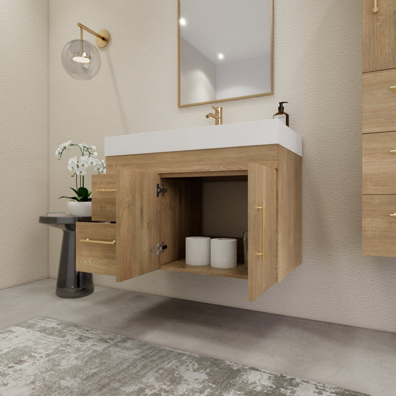 Ensemble de meuble-lavabo simple mural 35,4 ", Chêne