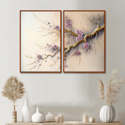 Décoration murale rose et prune cerisier en fleurs V - beige, 2 pièces