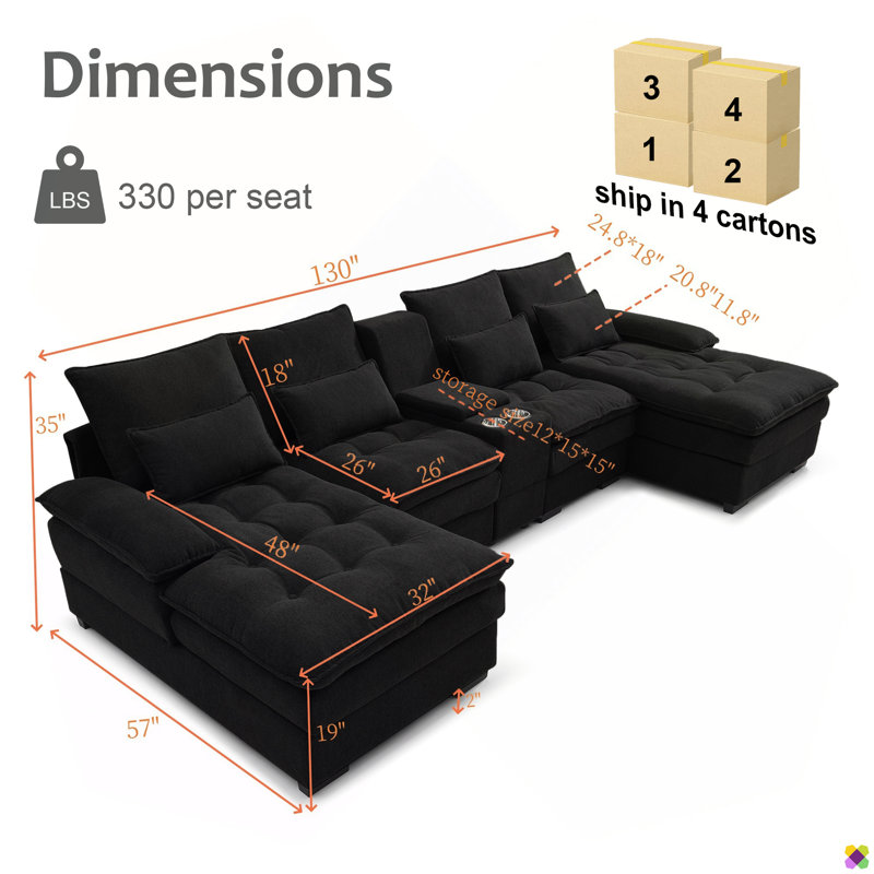 Allan 130"W 4 Piece U-shape Sectional with Console & Cup Holders, Black Polyester Blend