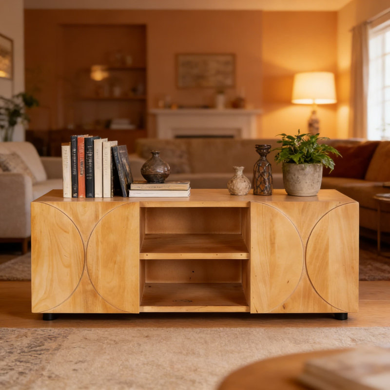 Console média flottante Townsend: armoire murale en bois massif avec rangement ouvert et caché, design géométrique moderne pour le salon, le vestibule ou le bar