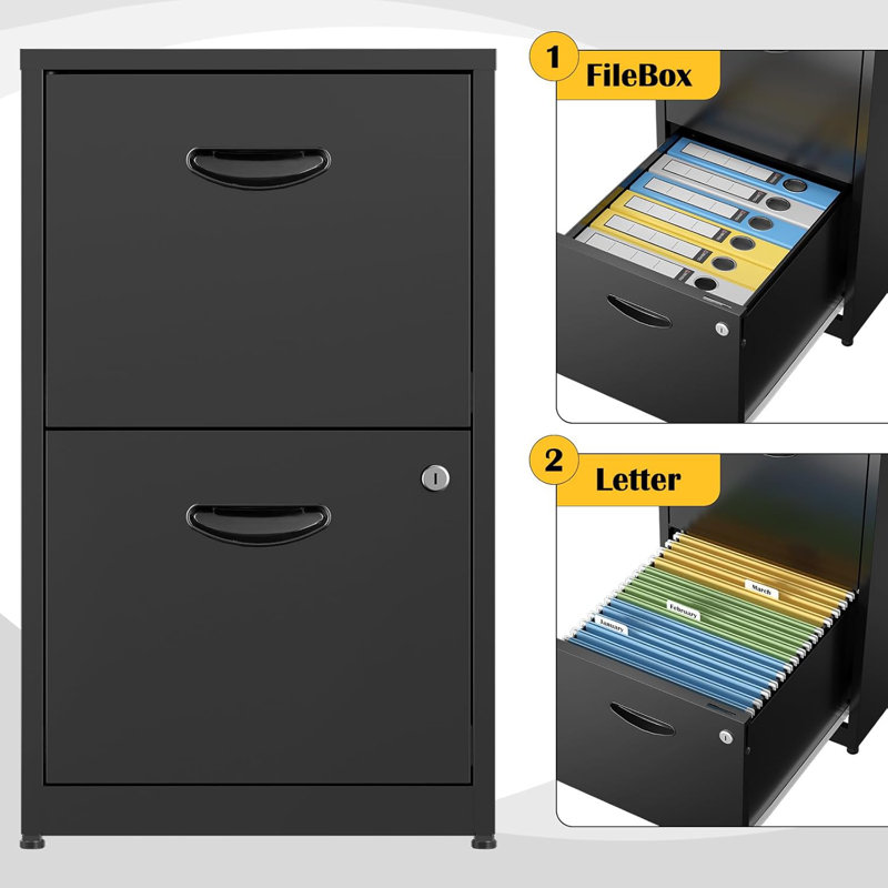 Black 26'' Vertical Metal 2 Drawer Lockable File Cabinet