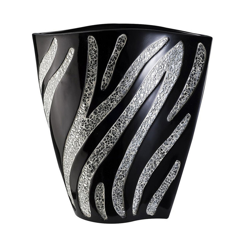 Tall Polyresin Decorative Vase, Black finish with Silver Zebra Pattern