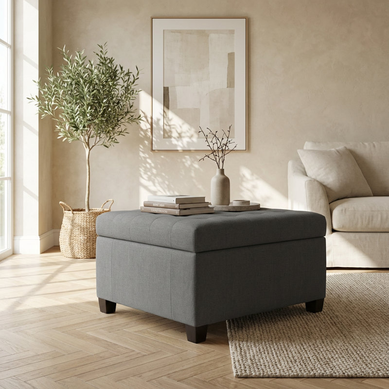 Repose-pieds de rangement contemporain en tissu avec couvercle capitonné et compartiment de rangement caché, Gris foncé