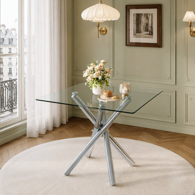 Modern Electroplated Metal Leg Bar Table with Tempered Glass Top, Sturdy Cross-Leg Pub Table for Home Bar, Kitchen Island, Living Room