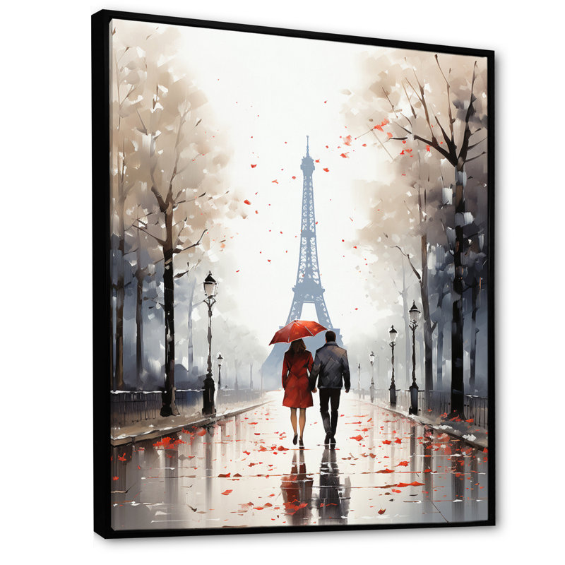 «Paris Love Couple», Tour Eiffel, aquarelle - décoration murale Paris, Cadre flottant noir, H 20 po x l 12 po x P 1 po