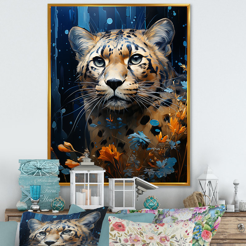 «Blue Leopard Serenity» - art mural léopard / guépard, Cadre flottant doré, H 20 po x l 12 po