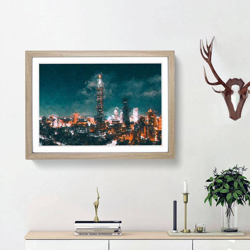 Taipei City Taiwan in Abstract - Picture Frame Graphic Art Print, 27cm H x 36cm W x 2cm D, Oak Framed