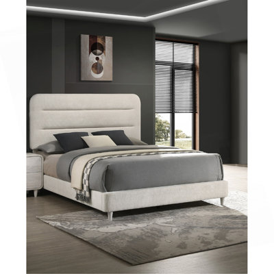 Plush Upholstered Design 1Pc  Panel Bed Sleek Lines Neutral Palette Beautiful Bedroom Furniture Antique White