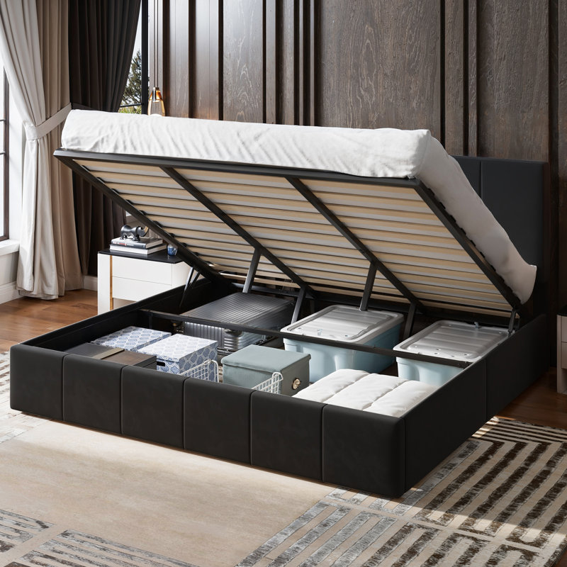 Hydraulic Lift Up Storage Velvet Upholstered Platform Bed, Black, King