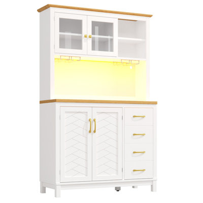 White Farmhouse Sideboard with LED Light Strip & Drink Holders, 4-Door Storage Cabinet for Kitchen/Dining, 105x40x180cm