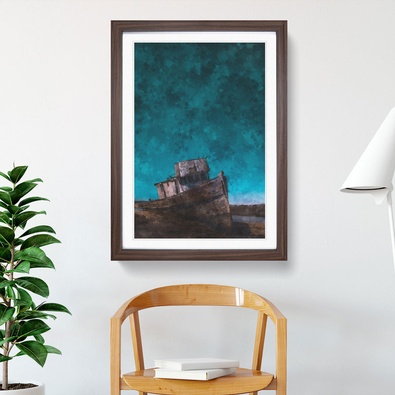 Stranded Boat Upon The Beach Painting - Picture Frame Graphic Art, 33cm H x 24cm W x 2cm D, Walnut Framed