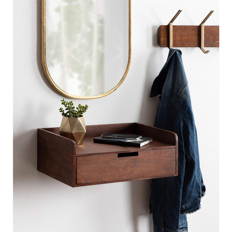 Kitt Modern Floating Wall Shelf Side Table With Drawer, 18" X 12" X 6.5", Walnut