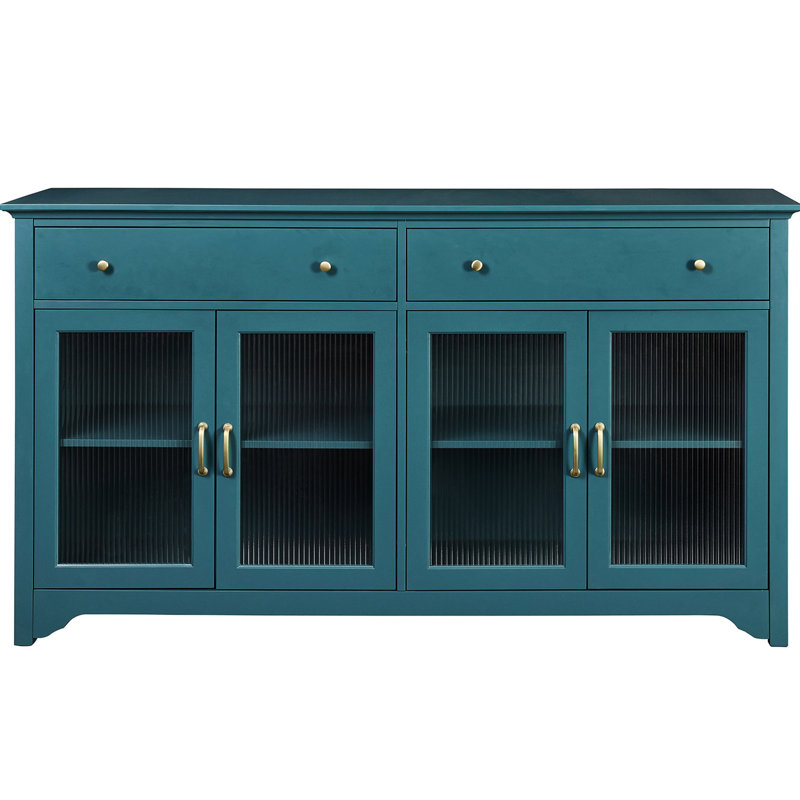 Armoire de rangement moderne bleu sarcelle. Buffet avec tablettes réglables, buffet pour centre de divertissement 65 ", tablettes et armoire de porte en verre