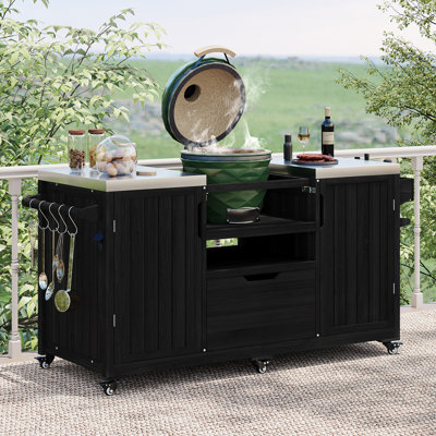 66.5" Outdoor Kitchen Island , Solid Wood Outdoor Grill Cart, Compatible with Large Big Green Egg, Kamado Joe.