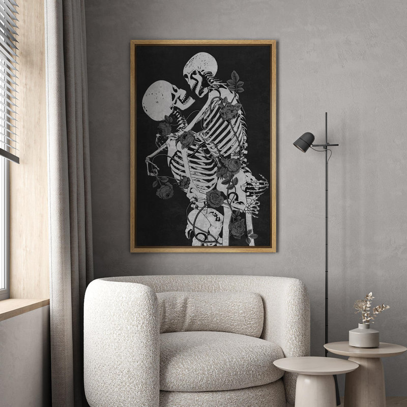 «Skeleton Kiss», gothique Moody foncé, œuvre d'art moderne, décor, Cadre naturel flottant, H 36 po x l 24 po