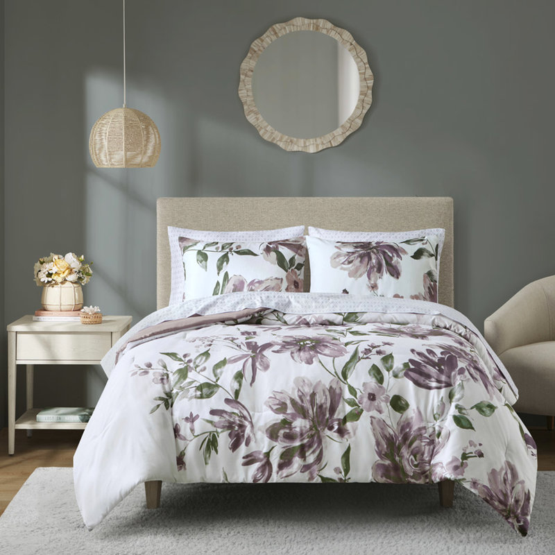 Très grand lit dans un sac, édredon floral et draps, 100%, motif à losanges gris, preuve, lavable, impression taupe mauve, microfibre, literie