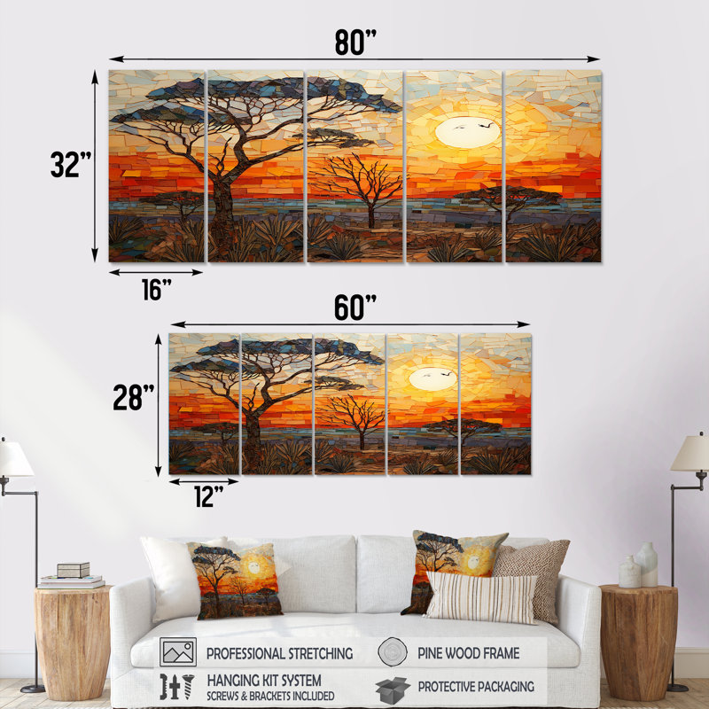 Savannah Sunset in African Safari Hues I - Boho Mosaic, art mural 5 pièces, H 28 po x l 60 po