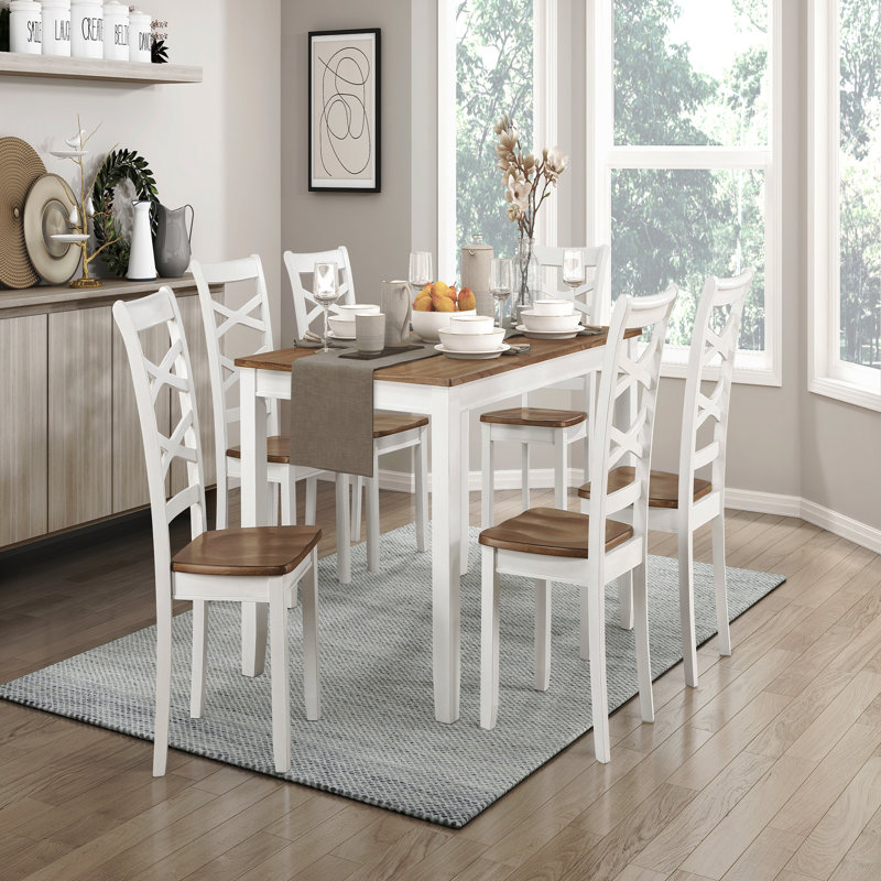 Ensemble de table de salle à manger 7 pièces et 6 chaises d'appoint à double dossier en X de style champêtre décontracté