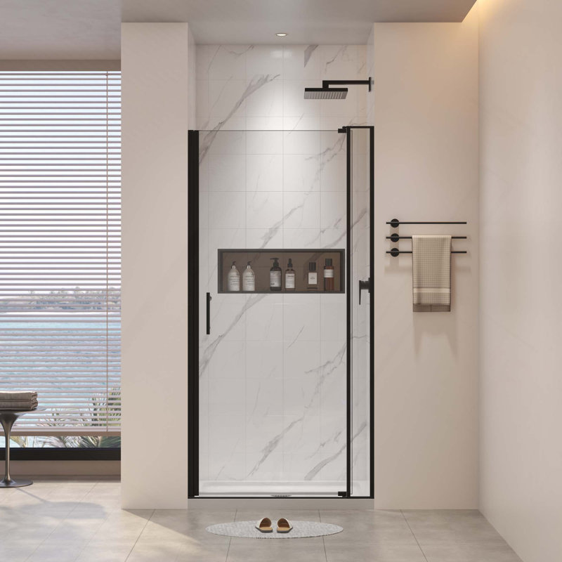 Porte de douche à pivot universelle avec construction durable et prévention des fuites fiable, Noir mat, L 36 po x H 72 po