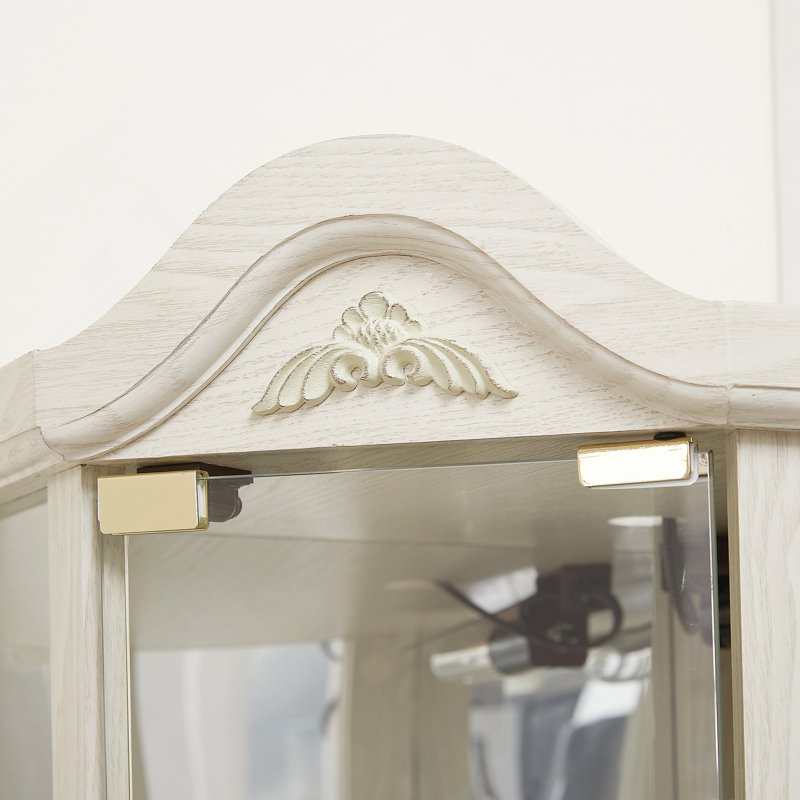Lighted Corner Glass Display Cabinet With Adjustable Shelves And Carved Decoration, Ideal For Showcasing Precious Collectibles