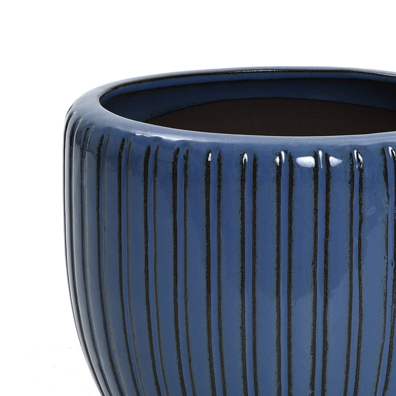 11'' D Ceramic Round Planter, Ribbed Indoor Outdoor Flower Pot in Blue or Green with Drainage Hole, Blue