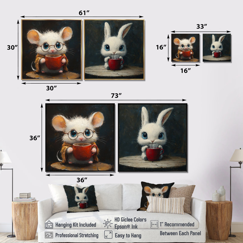 Drôle de lapin ayant un thé I - souris, art mural - décoration murale moderne 2 pièces, Does Not Apply, H 16 po x l 33 po