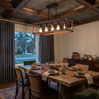 Industrial Farmhouse 5-Light Dining Room Chandelier Open Mesh Cage Pendant Light Black and Mahogany（Style A）