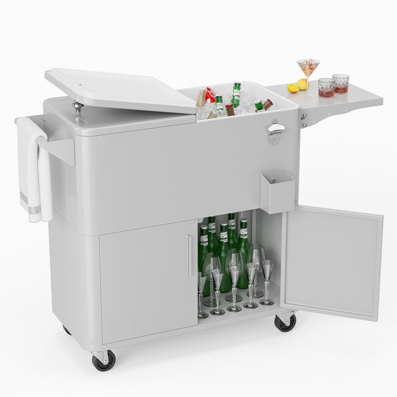 80 Qt Patio Cooler Cart With Cabinet And Foldable Side Table, Gray