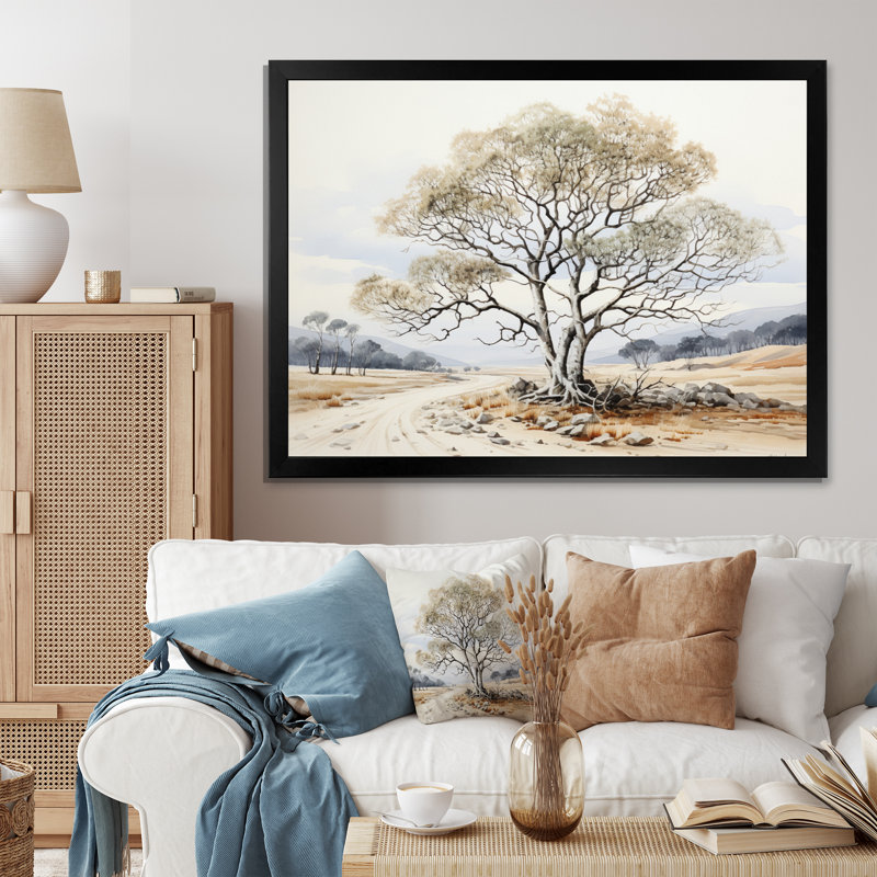 " Beige Tree Monochrome Ink Harmony ", 30" H x 40" W x 1.5" D, Black Picture Framed