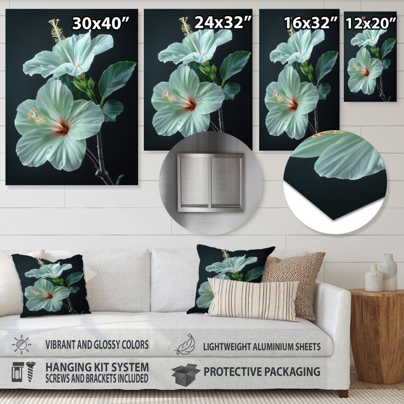 Hibiscus vert cristal II - Hibiscus, Sans cadre, métal, H 16 po x l 32 po