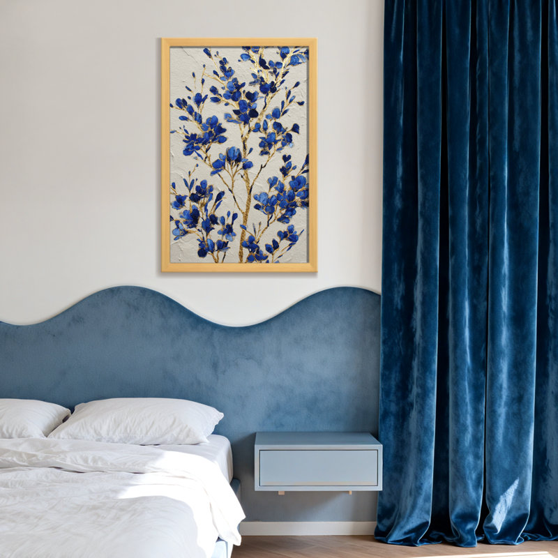 Plants &Flowers Blue Flowers With Gold Branches On White Background, Wrapped Canvas, Does Not Apply, 24" H x 16" W