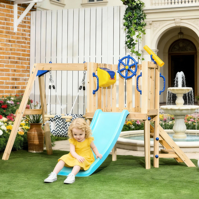 Balançoire en bois pour la glissade, le fort et la balançoire, conception compacte, Spark Imagination extérieur: glissade avec fort, haute stabilité, caractéristiques de jeu simulées
