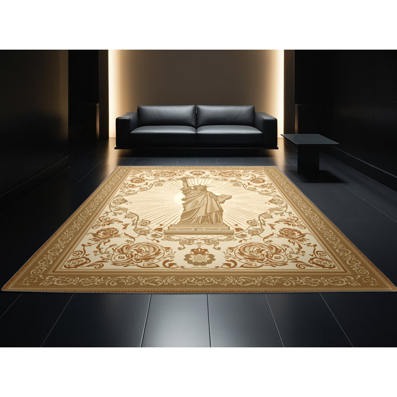 Machine Washable Orkan Statue Of Liberty Classic Oriental Rug in Brown – Gray Binding, 8x12