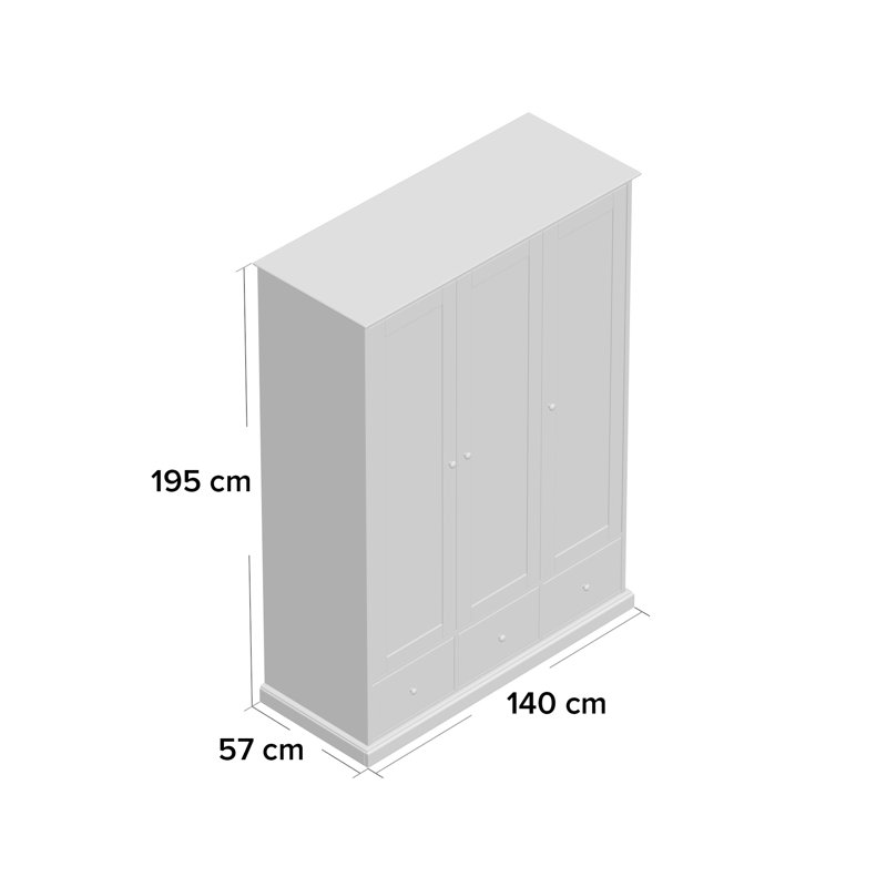 Carolina 3 Door Solid + Manufactured Wood Wardrobe, Soft Grey