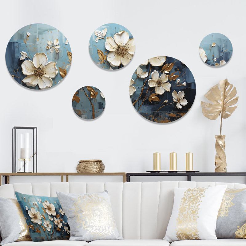 Fleurs de pavot dorées et blanches - ensemble d'art mural abstrait floral rond de 5