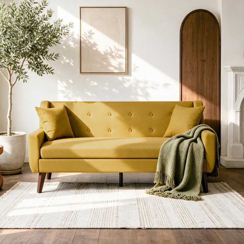 Davey Upholstered Yellow Linen Blend Button Tufted Square Arm Loveseat, Yellow Linen Blend