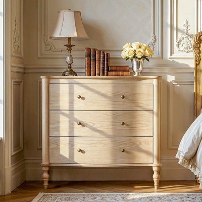 Aaron 32.8'' W Vintage Curved Front Nightstand with 3 Drawers, Solid Wood Legs and Metal Knobs Adorn