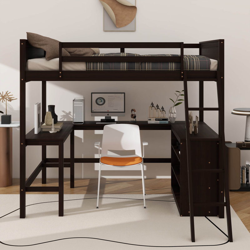 Loft Bed With Shelves,Desk, Full, Espresso